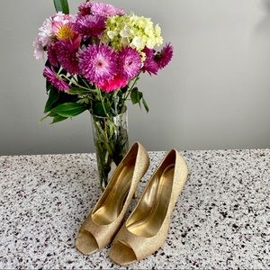 BCBG Sparkly Gold Open Toe Heels